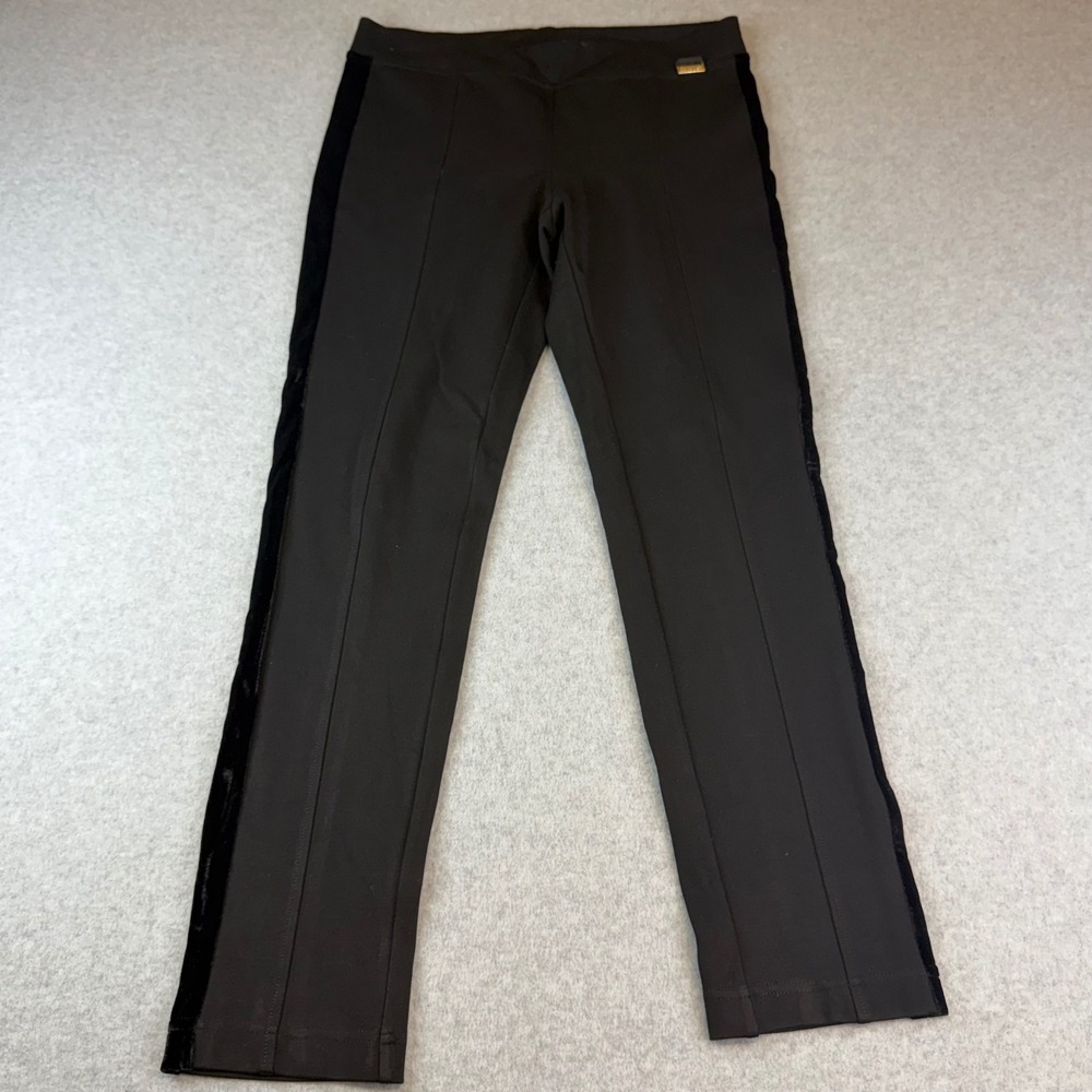 Calvin Klein Womens Black Scuba Leggings Velvet Side Stripe Gold Logo Hardware